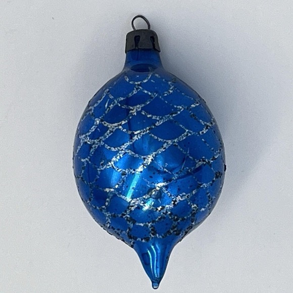 The Unbranded Brand Other - VTG Poland Teardrop Mica Glitter Blue Silver Fish Scale Ornament Mercury Glass